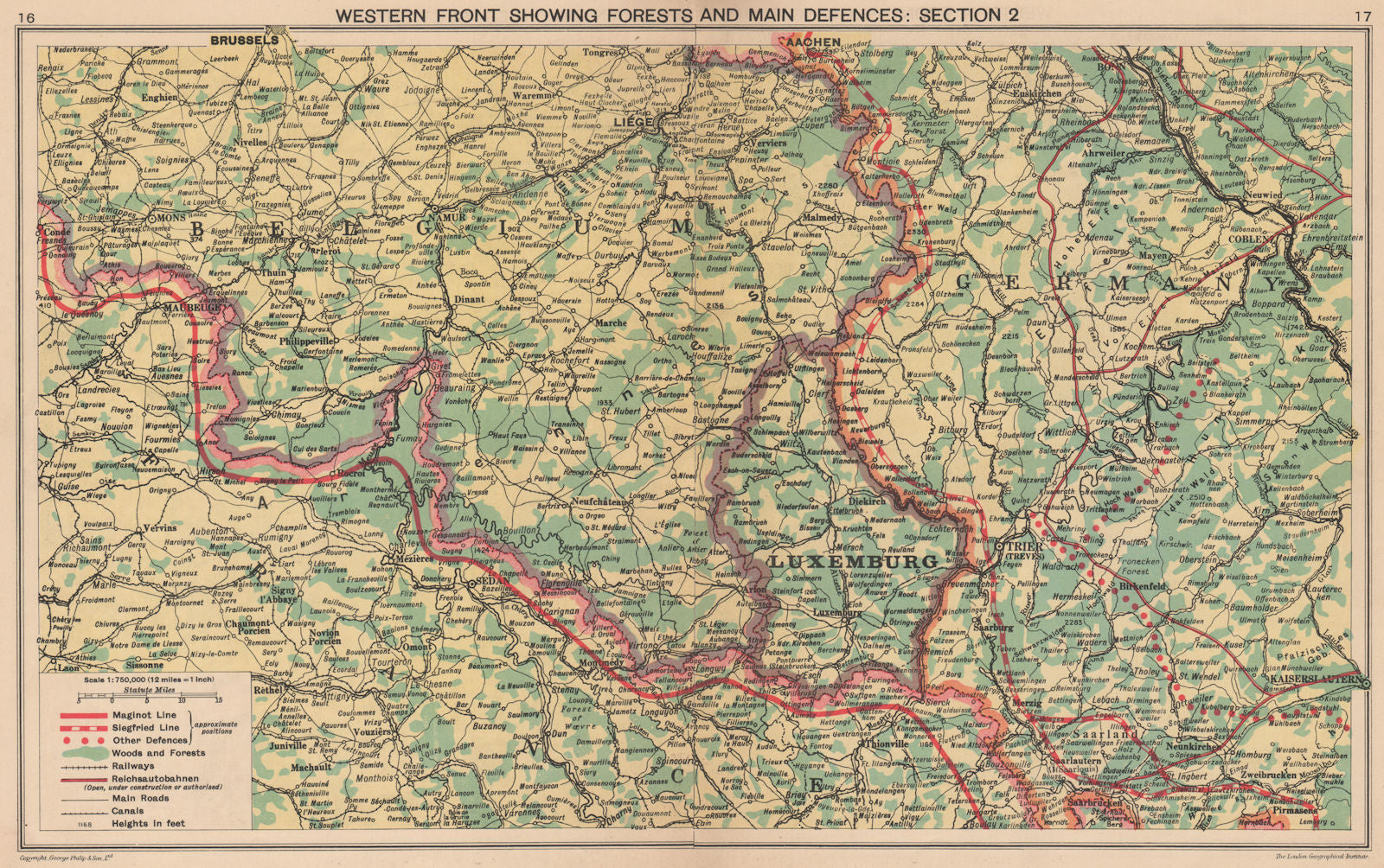 WORLD WAR 2. Maginot & Siegfried lines defences. Pre-invasion. Belgium 1940 map